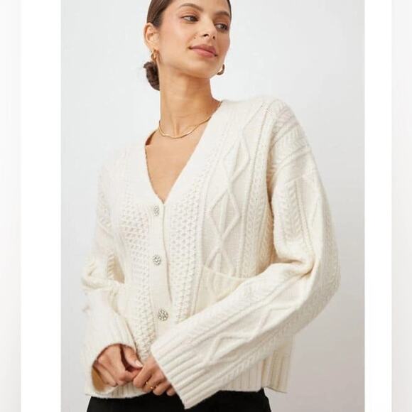 Rails Sweaters - Rails Cardigan Womens Large Bixby Cable Knit Sweater Ivory Rhinestone Button
